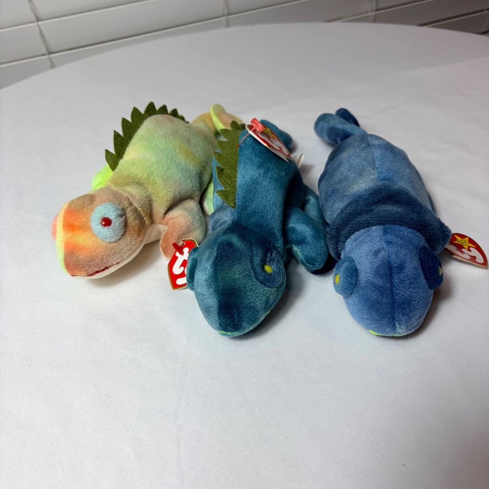 Ty Beanie Babies Iggy Iguana Rainbow Chameleon Plush Lot 1997 Vintage Set of 3